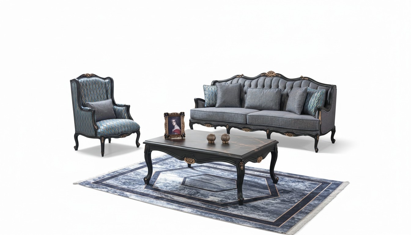 Sofa Sofagarnitur Couch Stoffsofa Polstersofa Grau Chesterfield Set