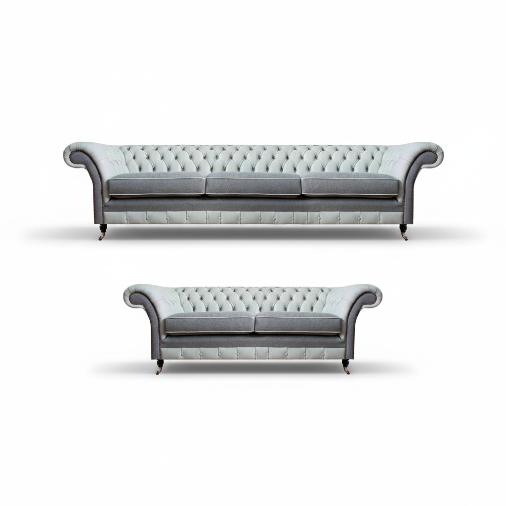 Sofagarnitur 2x Sofas Chesterfield Grau Leder Polstermöbel Design Garnitur