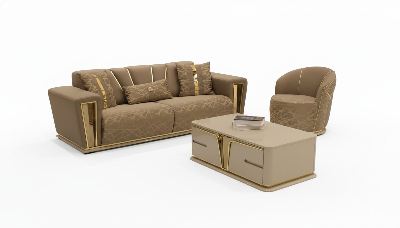 Sofagarnitur 3+1+1 Sitzer Textil Holz Sofa 3 Sitzer Modern Sessel Komplett Set