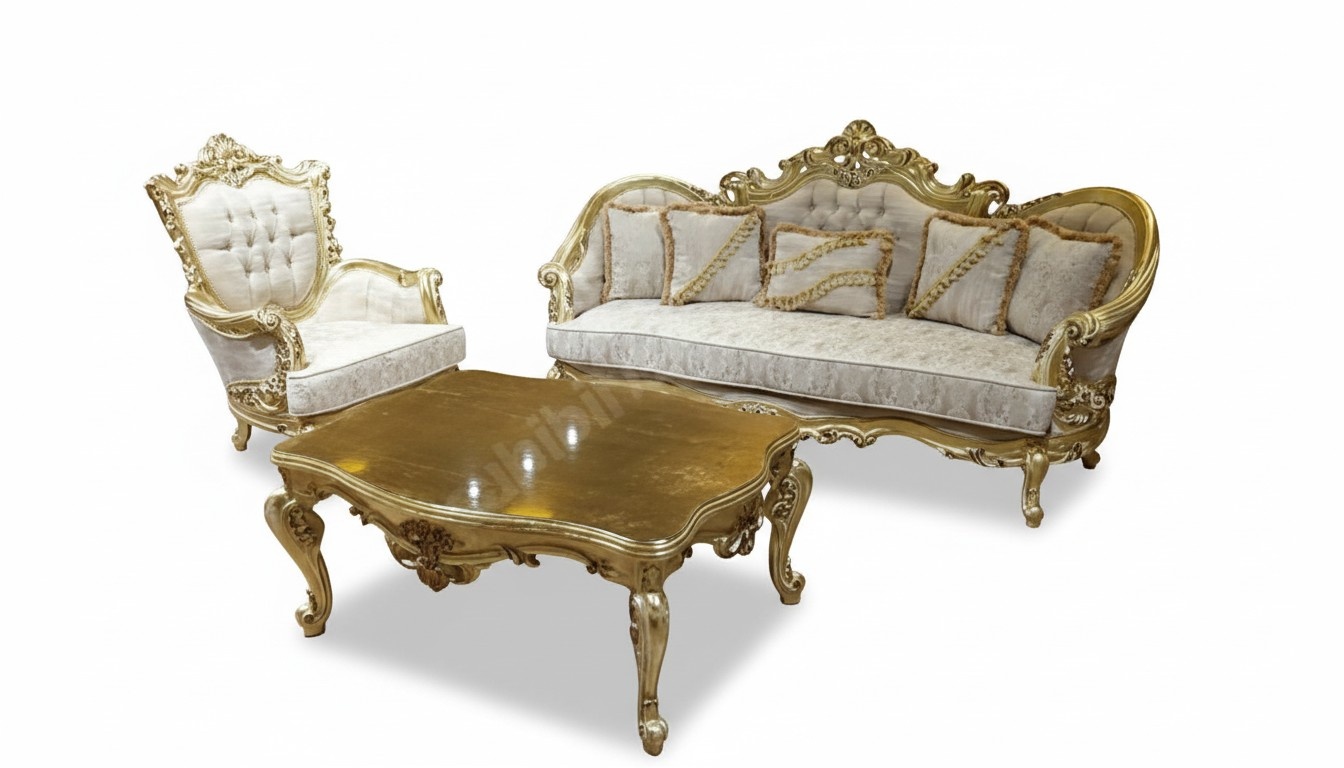 Sofagarnitur 3+1 Platz Luxuriöser Goldener Kaffeetisch Wohnzimmer 3tlg.