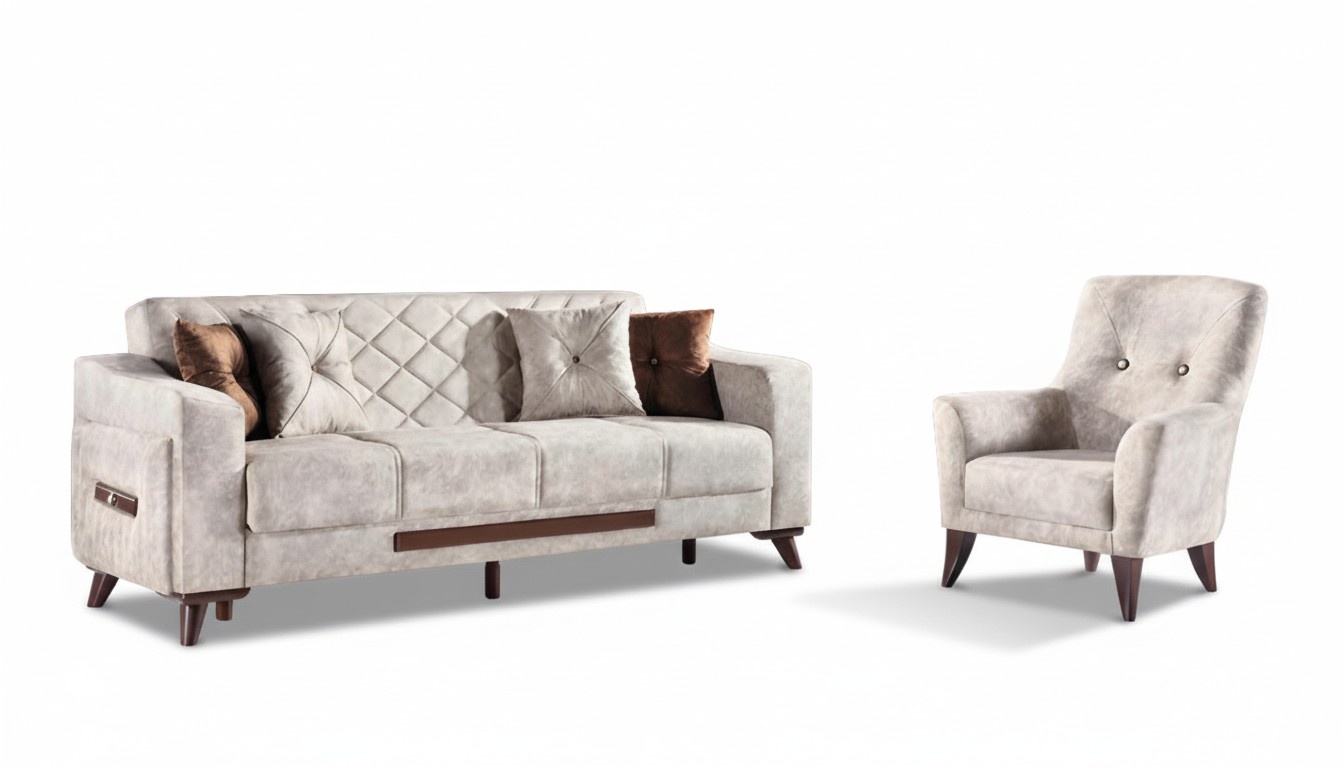 Sofagarnitur 3+1 Sitz Garnitur Set Sofas Sessel Holz Textil Couch Sofa