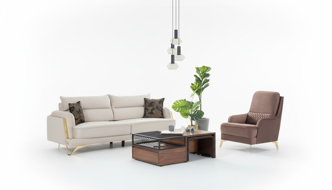 Sofagarnitur 3+1 Sitzer Creme Braun Stoff Goldfüße Elegant Modern Wohnzimmer