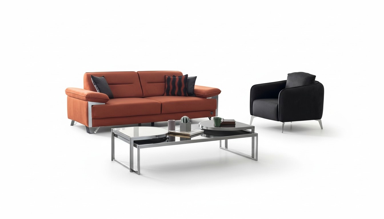 Sofagarnitur 3+1 Sitzer Terrakotta Anthrazit Stoff Chromfüße Modern Design