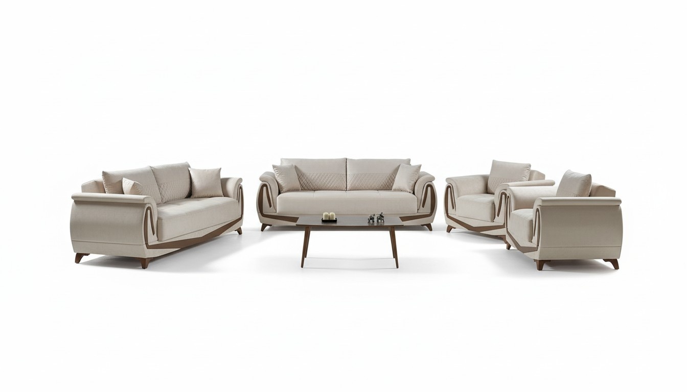 Sofagarnitur 3+2+1+1 Holz Wohnzimmer Luxus Sofa Modern Stoff Komplett Neu