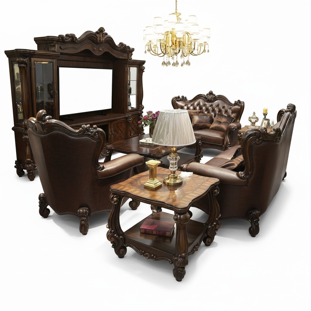 Sofagarnitur 321 Sitzer Sofa Couch Leder Garnitur Polster Set Holz Barock Rokoko