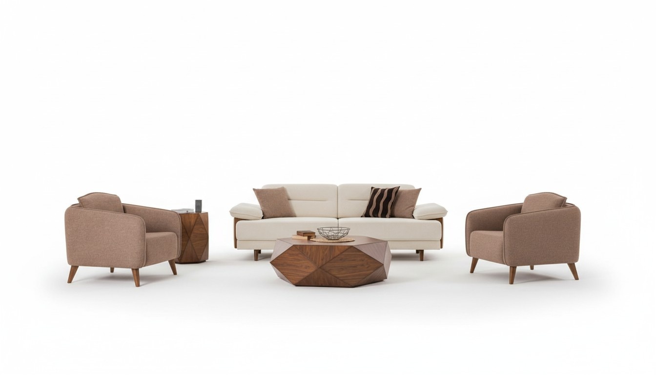 Sofagarnitur 3+3+1 Sitzer Beige Braun Stoffbezug Holzfüße Skandi Modern Stil