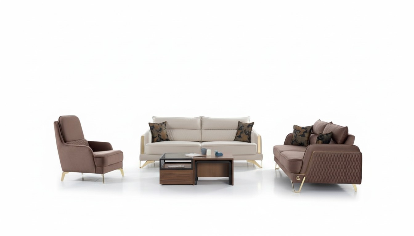Sofagarnitur 3+3+1 Sitzer Creme Braun Goldfüße Luxus Stoff Wohnzimmer Design