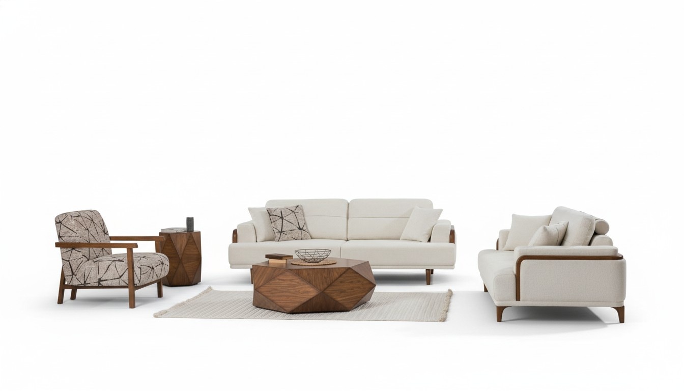 Sofagarnitur 3+3+1 Sitzer Modern Beigefarben Holzdetails Wohnzimmer Design