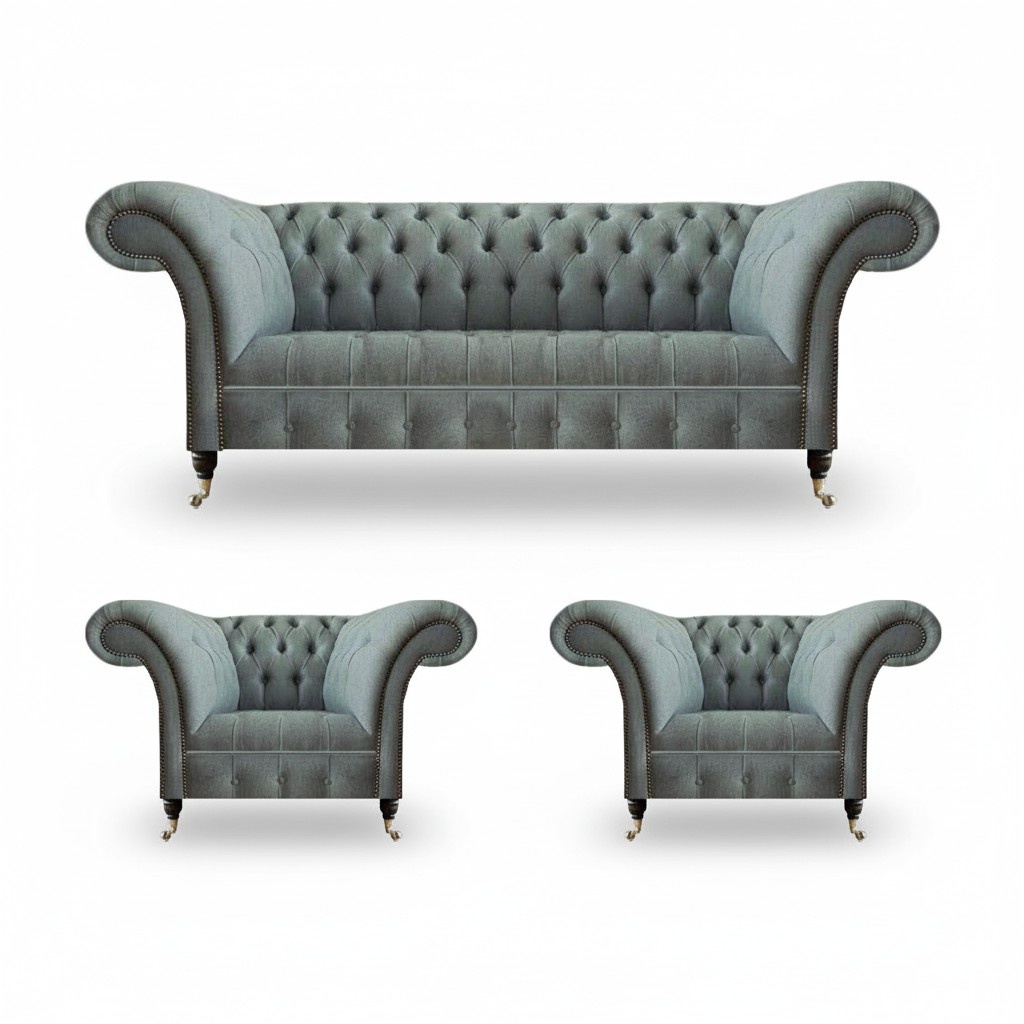 Sofagarnitur 3tlg 2x Sessel Grau Sofa Dreisitze Einrichtung Chesterfield Neu