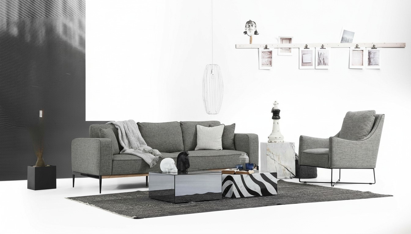 Sofagarnitur 4 Sitzer Sessel Viersitzer Stoff Sofas Modern Design Grau