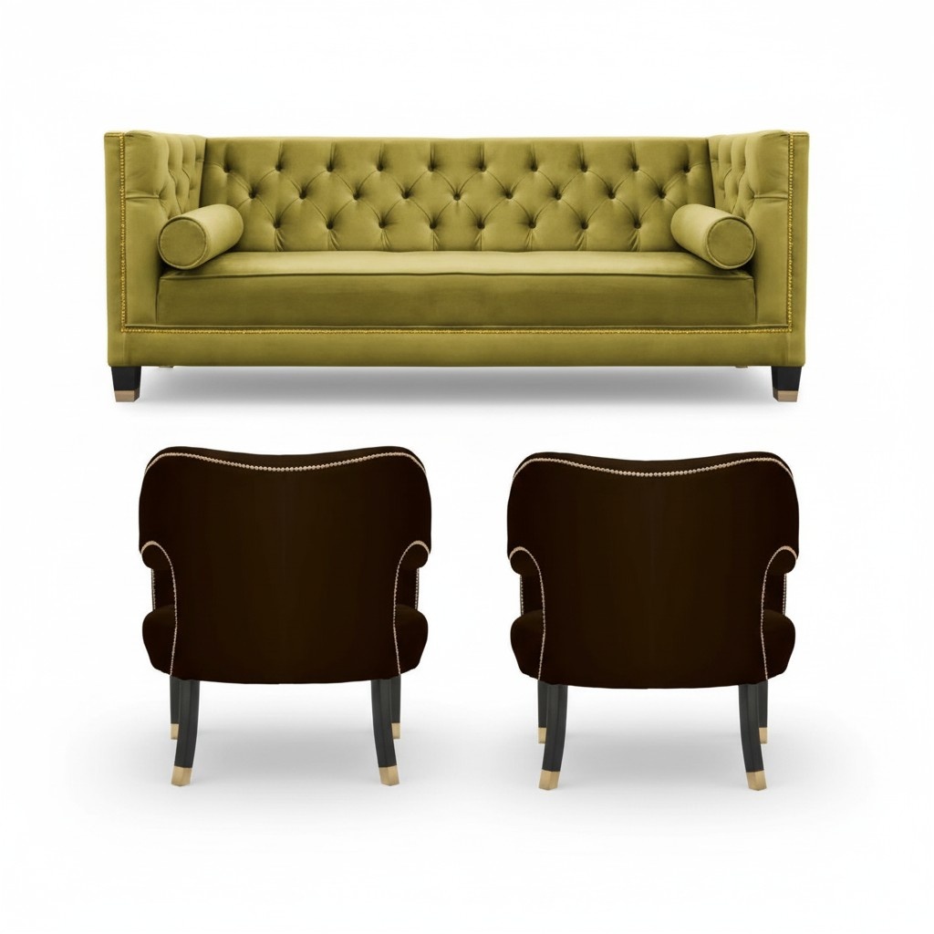 Sofagarnitur Beige Chesterfield Couch Samt Sofa couchen Sofas Polster 311 Sitzer