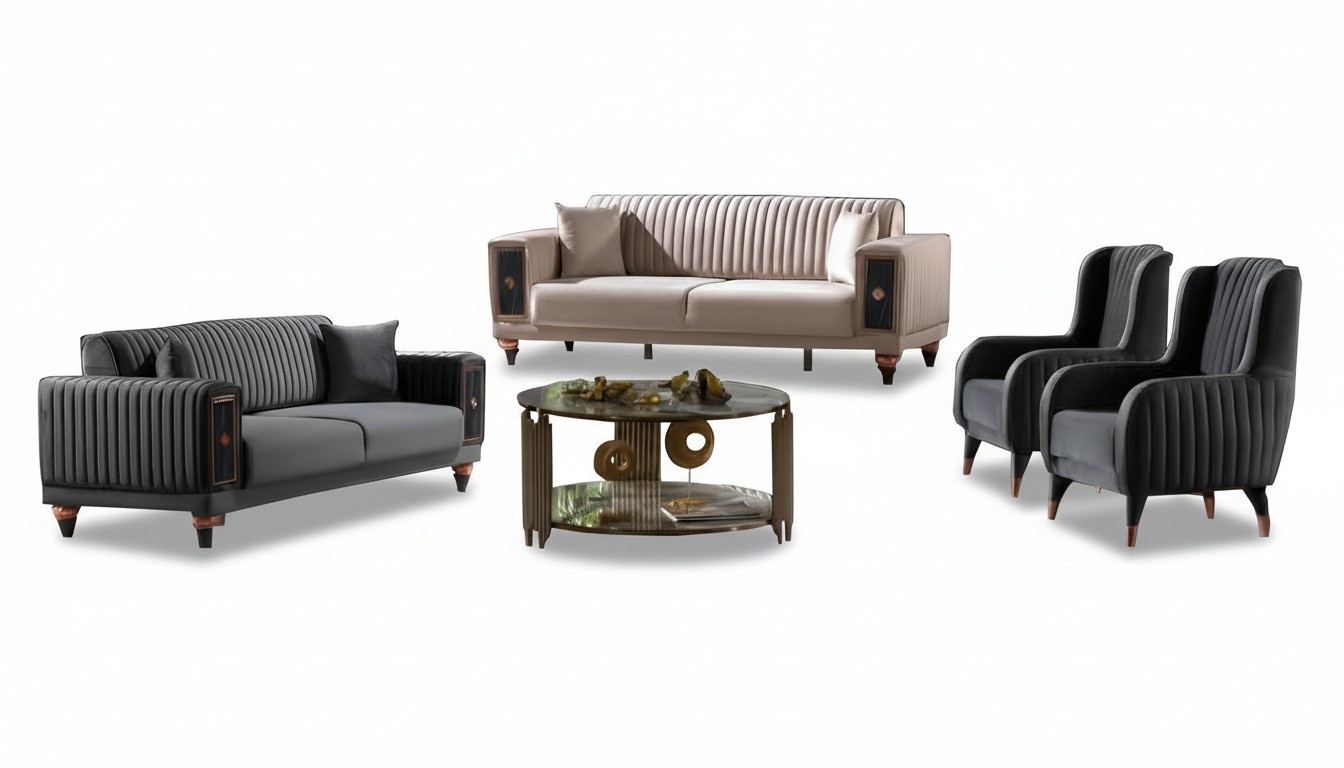 Sofagarnitur Beige-Schwarz Designer 2x Dreisitzer Polstersessel Luxus Möbel