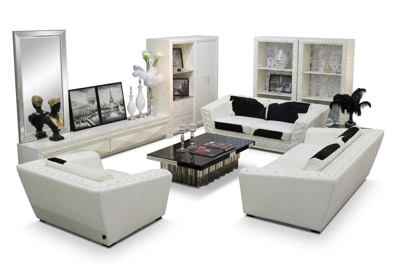 Sofagarnitur Chesterfield 3+2+1 Sitzer Sessel Sofa Leder mit Ponyfell