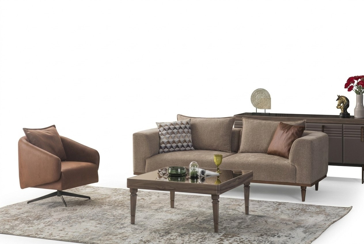 Sofagarnitur Dreisitzer Sessel Polstersofa Modern Stoffsofa Braun Set