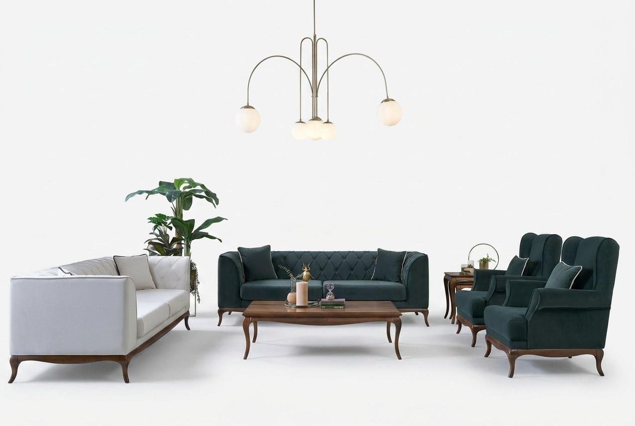 Sofagarnitur Dreisitzer Sessel Zweisitzer Stoffsofa Grün Polstersofas