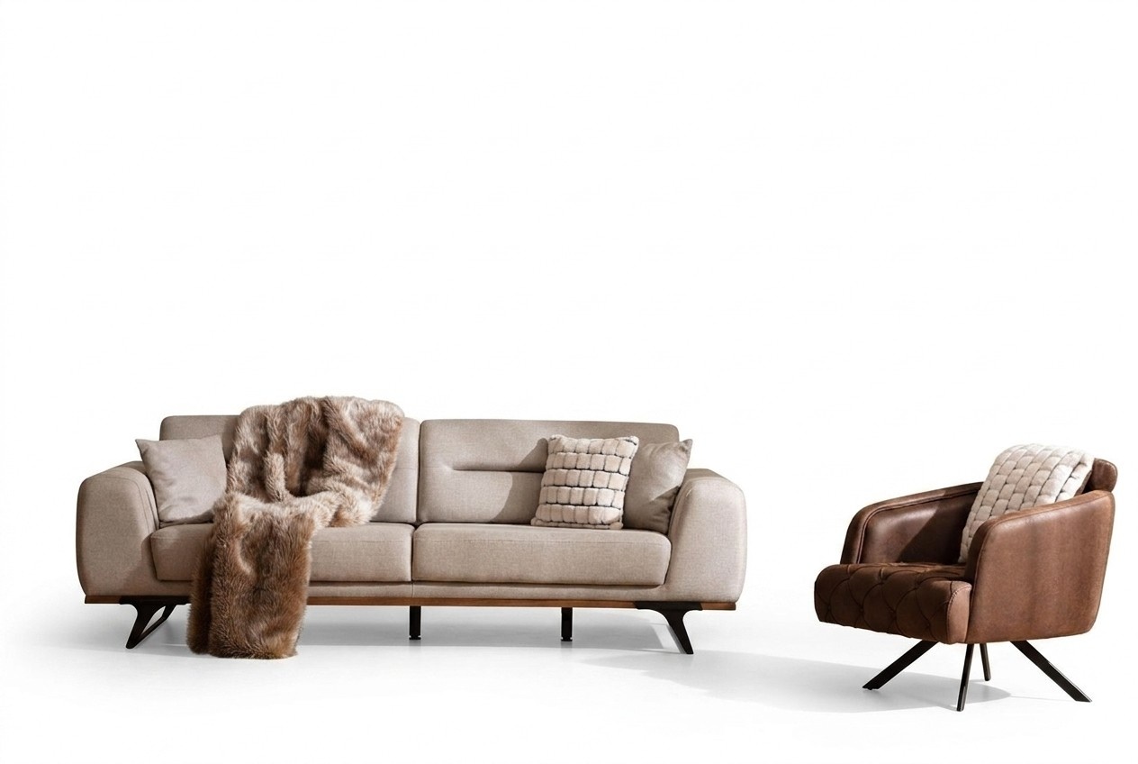 Sofagarnitur Klassischе Stoffsofa Dreisitzer Sessel Beige Polstersofa