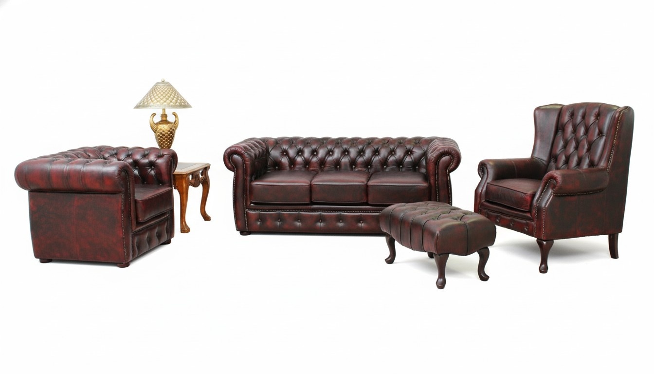 Sofagarnitur Ledersofa Set Chesterfield 3+1 + Ohrensessel Hocker Sofa Couch Neu