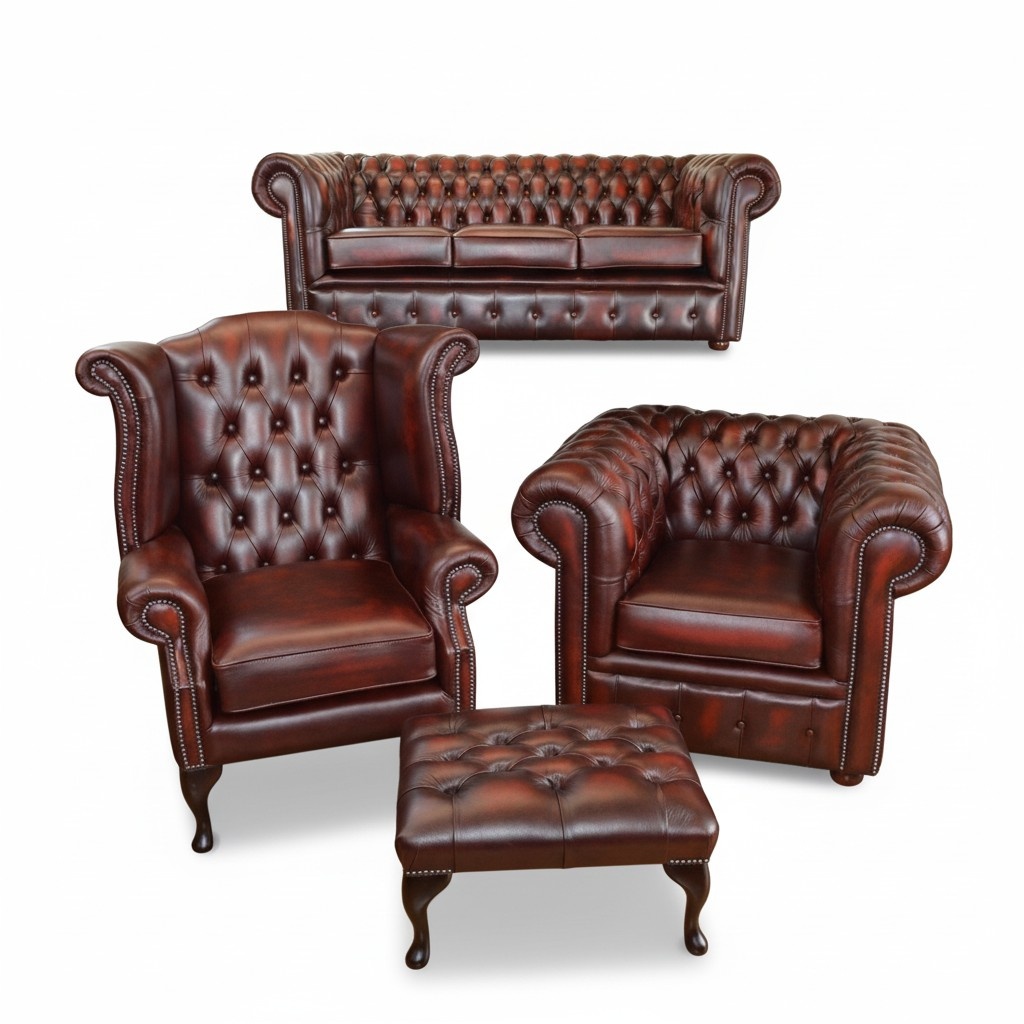 Sofagarnitur Chesterfield Ledersofa Sofa Couch Hocker Set 4tlg 100% Leder Sofort