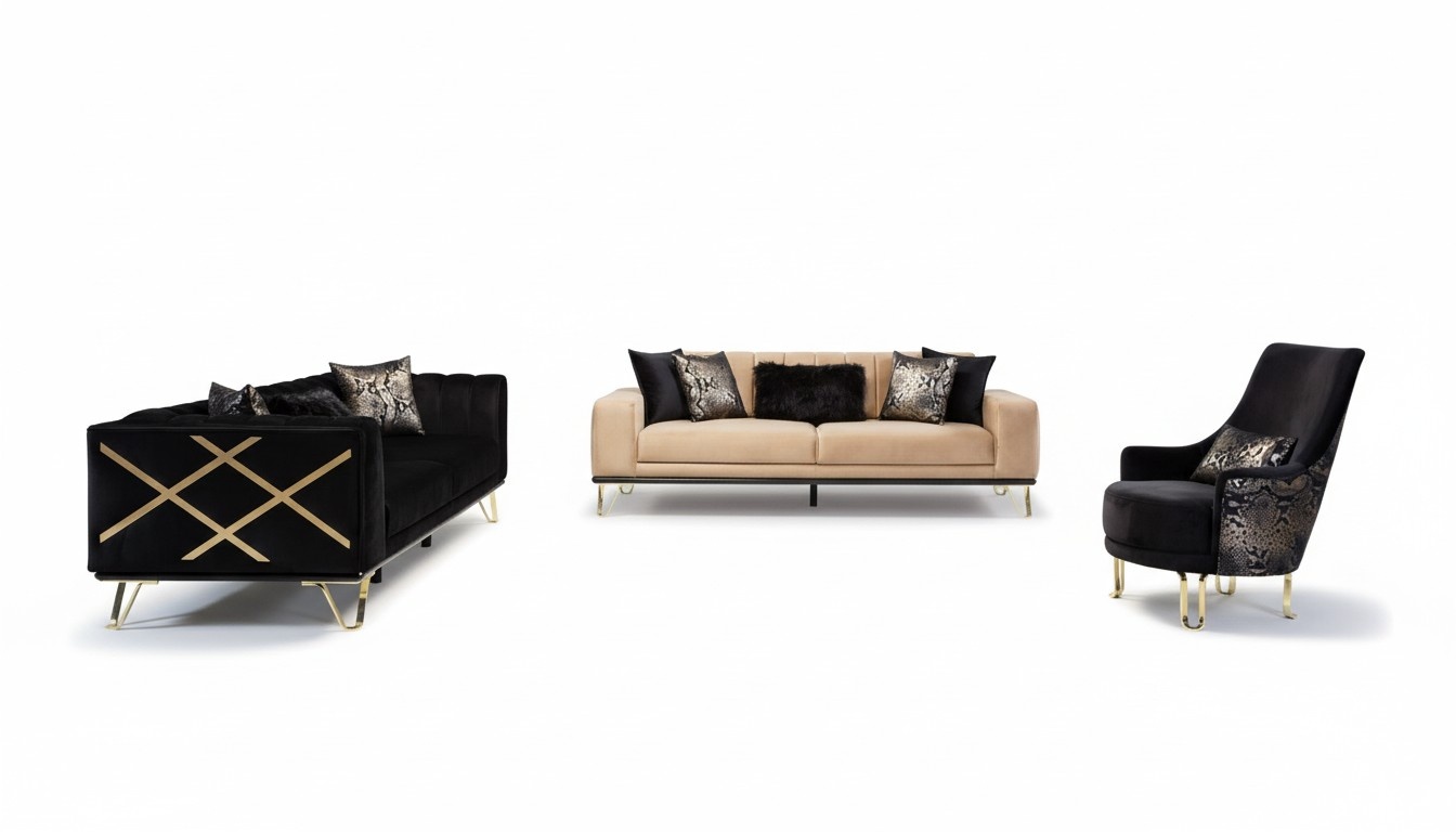 Sofagarnitur Schwarz Sofa 3+3+1 Sitzer Sessel Elegantes Metall Samt