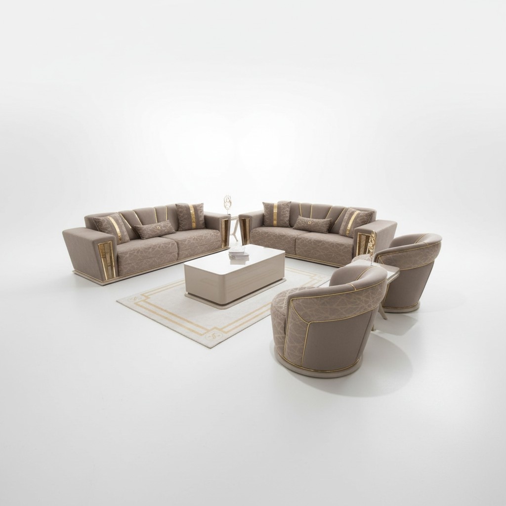 Sofagarnitur Set Komplett Modern 3+3+1+1 Sitzer + Couchtisch Textil Couch Holz
