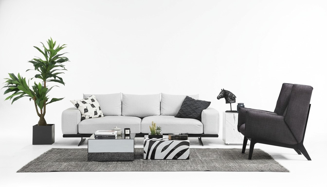 Sofagarnitur Sofa 3 Sitzer Sessel Dreisitzer Grau Modern Stoff Sitz