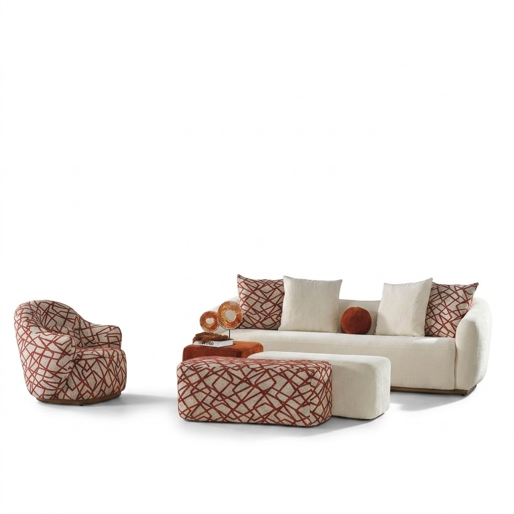 Sofagarnitur Sofa 4 Sitzer Sessel 3x Hocker Weiß Viersitzer Stoff