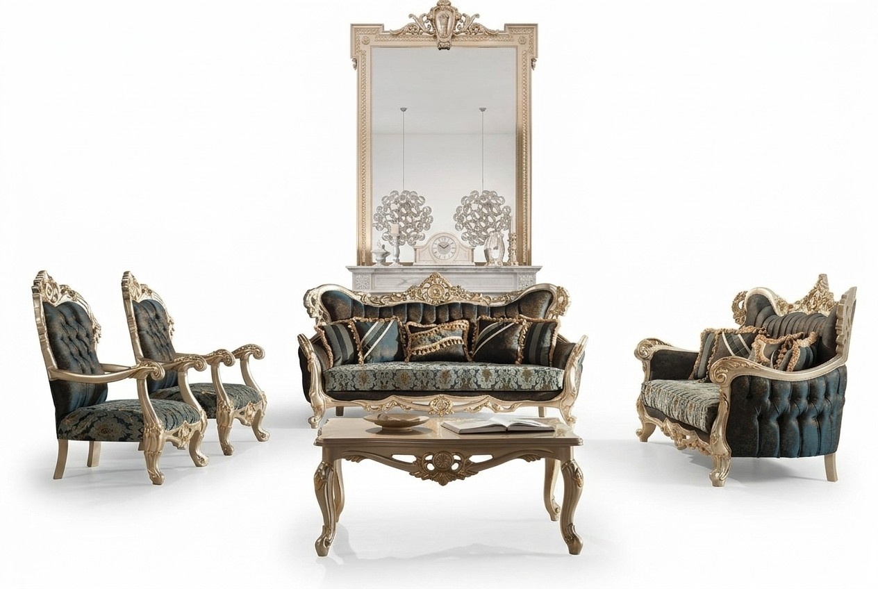 Sofagarnitur Sofa Couch Barock Rokoko Set Couchtisch Turkis 5tlg. Gold