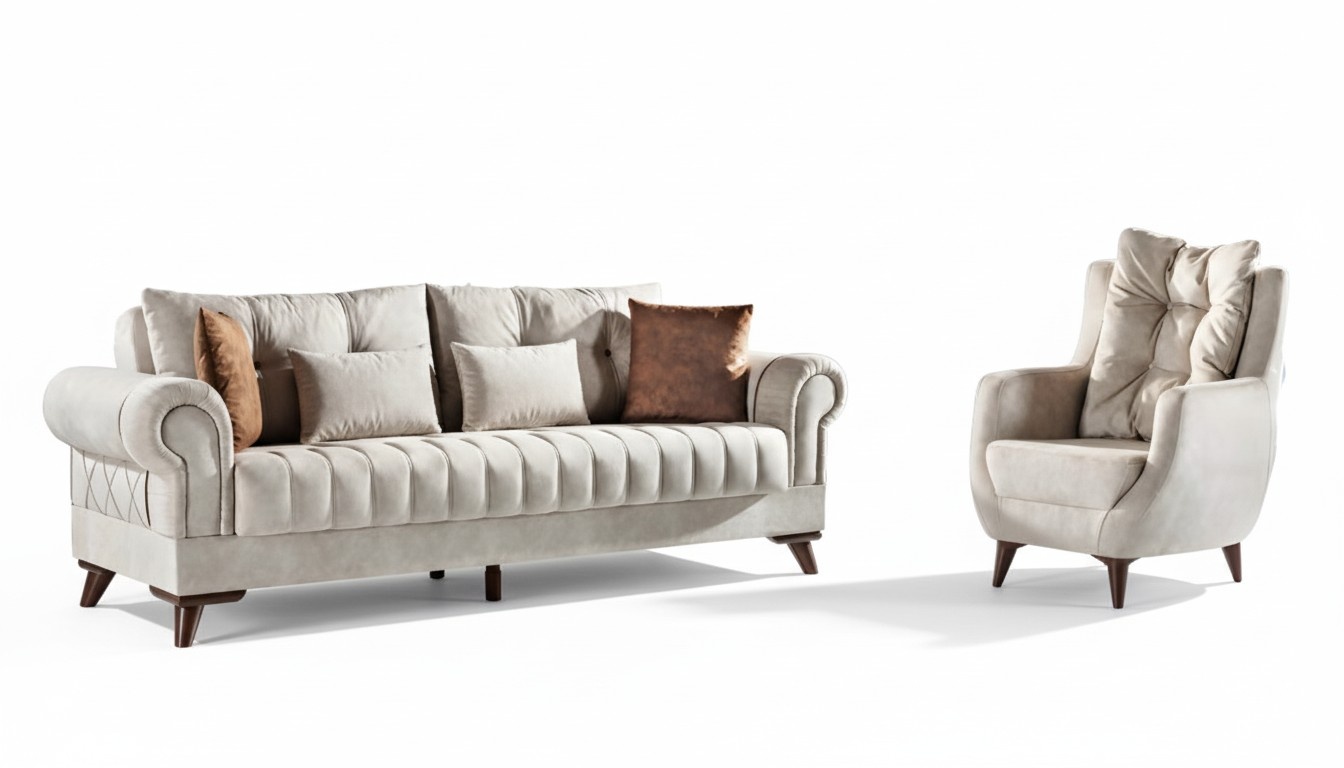 Sofagarnitur Wohnzimmer Set 3-Sitzer Sofa Sessel Beige 2tlg. 3+1