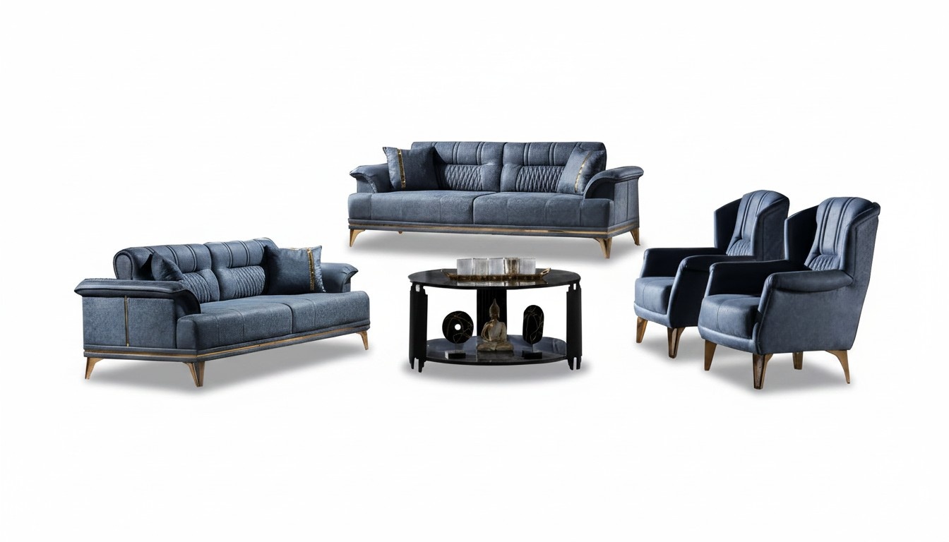 Sofagarnitur Wohnzimmer Set Sofa 3+3+1+1 Sitzer Polster Blau 4tlg Modern Möbel