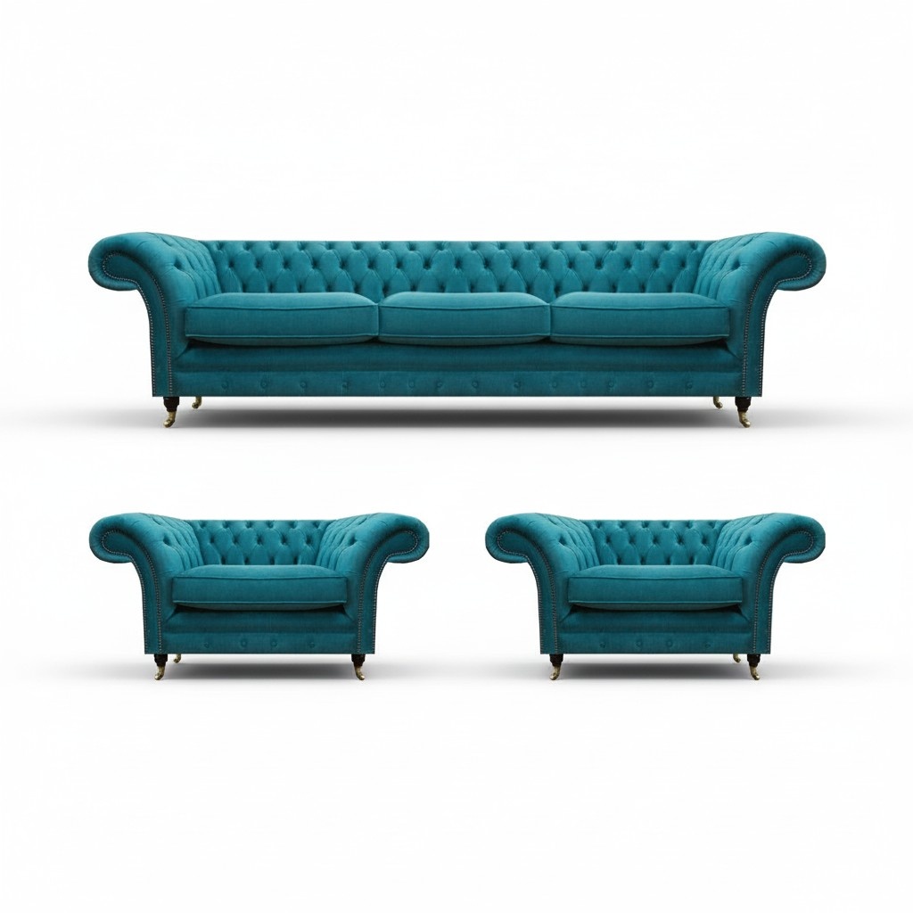 Sofas Blau Komplett Wohnzimmer Chesterfield Sofagarnitur 3tlg Luxuriöse