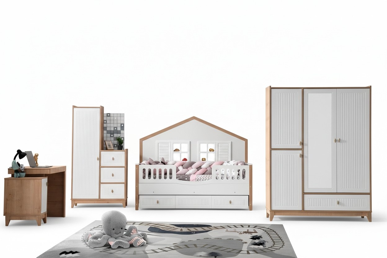 Stilvoll Kinderzimmer Set Bett Kleiderschrank und Tisch Helles 4tlg
