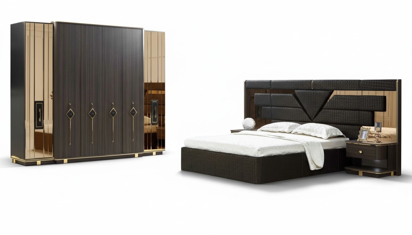 Stilvoll Schlafzimmer set Bett 2x Nachttische Kleiderschrank Nachttisch 4tlg