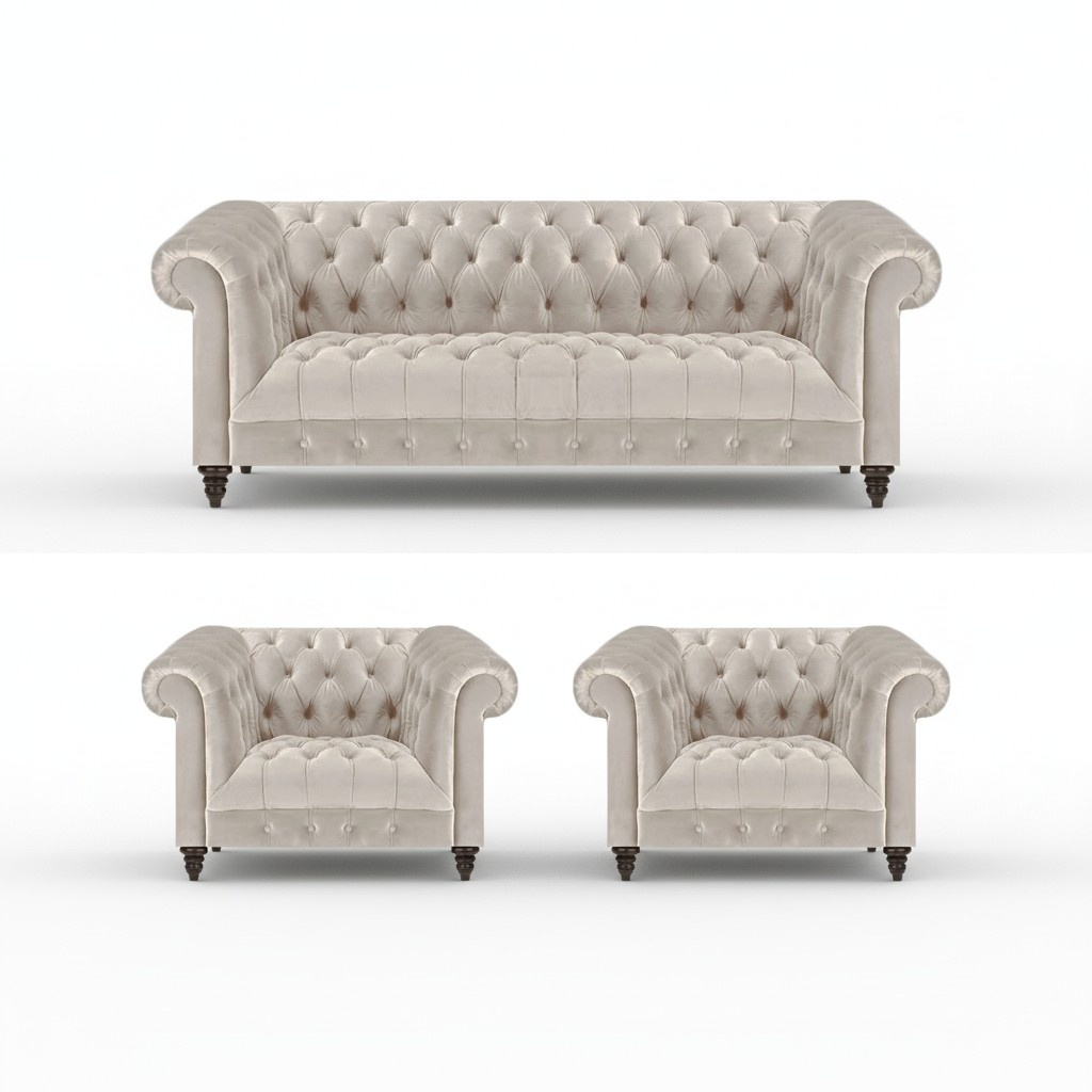 Stilvolle Chesterfield Couchgarnitur Moderne Textilcouch 2x Lehnsessel