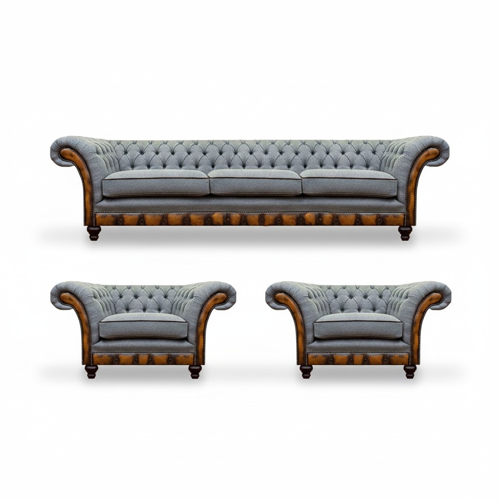 Stilvolle Chesterfield Hellgraue Couchgarnitur Wohnzimmer Sofas 3tlg