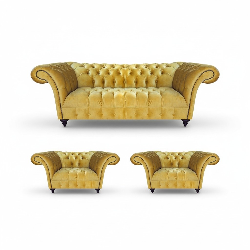 Stilvolle Gelbe Chesterfield Garnitur Designer Sofas 2x Luxus Sessel 3tlg