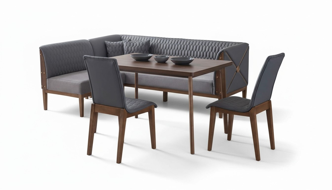 Stilvolle Graue Esszimmer Garnitur Brauner Esstisch 2x Sitzstühle Bank