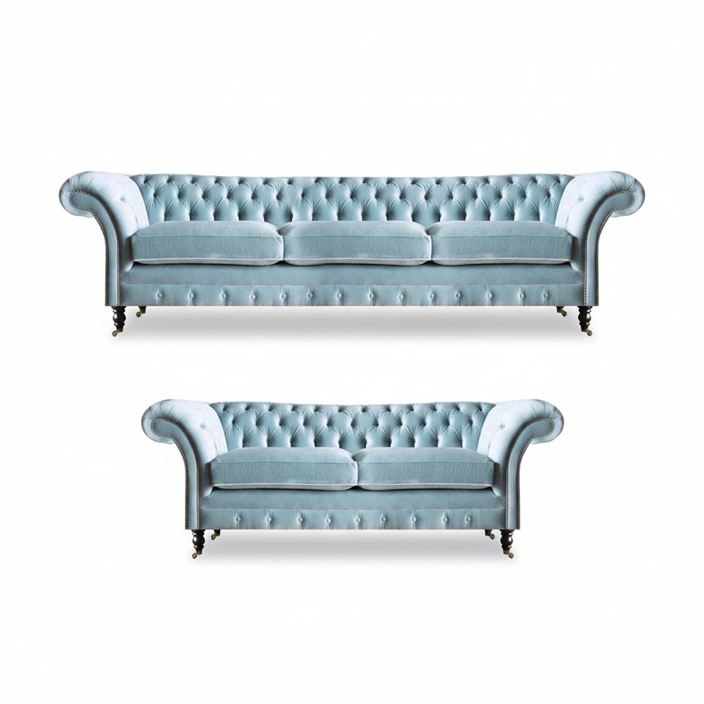 Stilvolle Hellblaue Chesterfield Designer Garnitur Dreisitzer 2-Sitzer