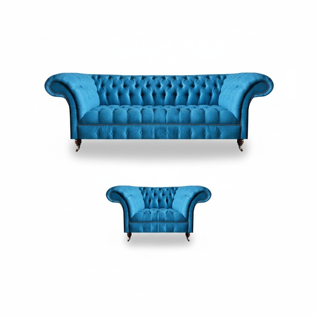 Stilvolle Hellblaue Chesterfield Garnitur Polstersessel 3-Sitzer 2tlg
