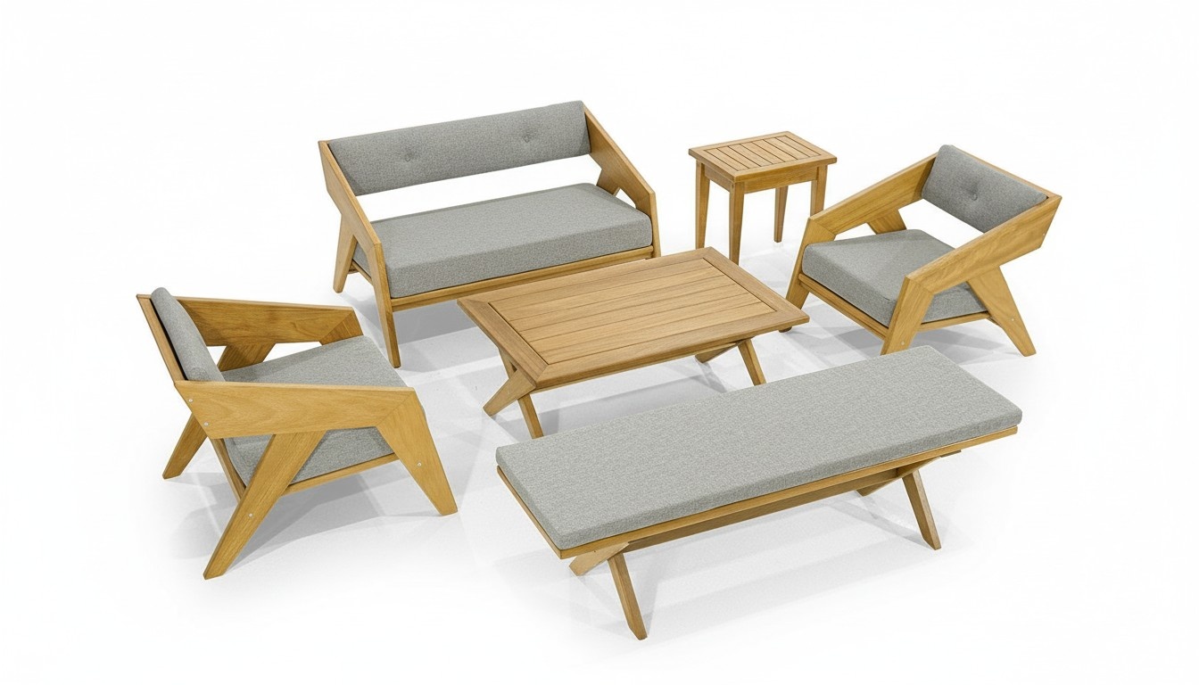 Stilvolle Hellgraue Gartenmöbel Designer Sitzbank Beistelltisch 2 Sessel