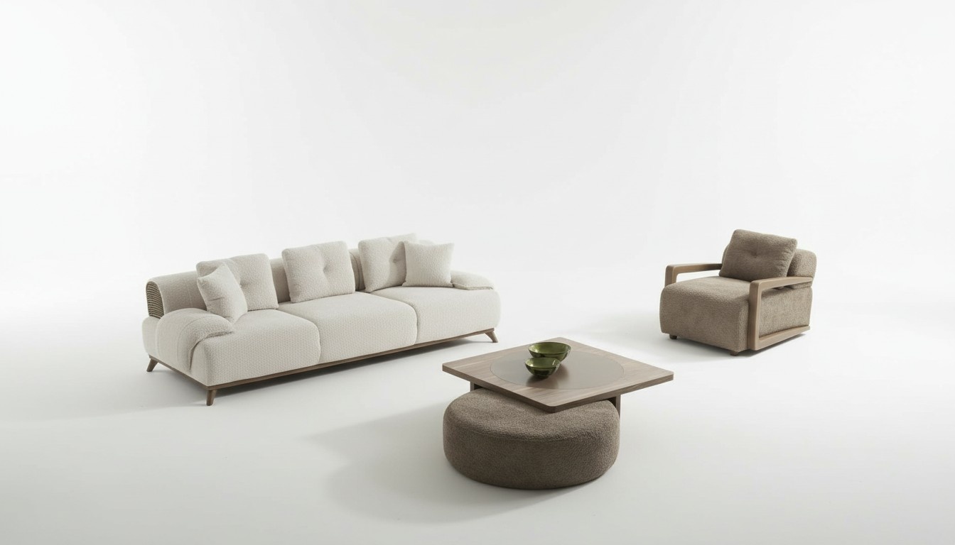 Stilvolle Weiß-Braune Wohnzimmer Couchgarnitur Couchtisch Hocker 5tlg