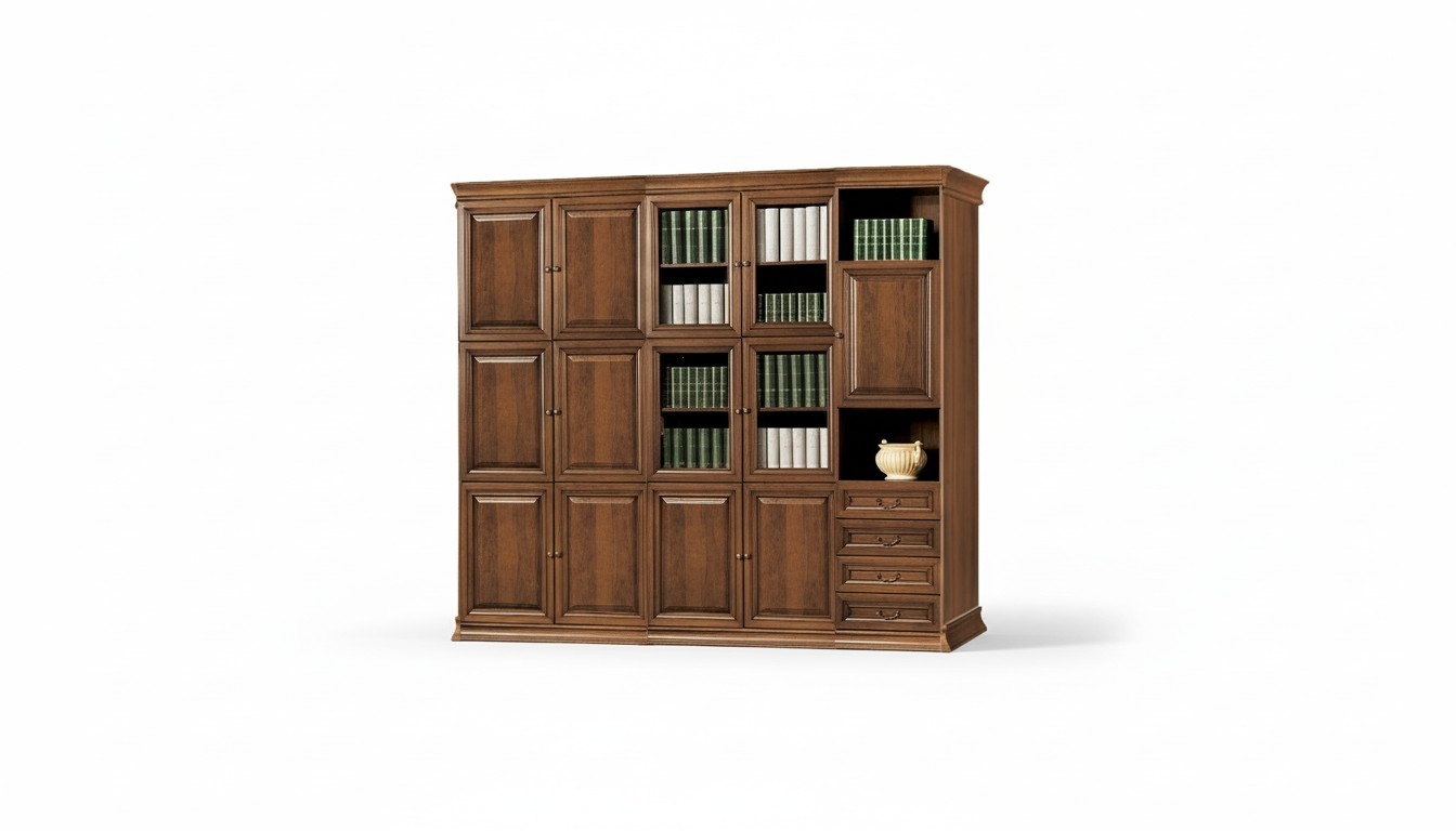 Stilvoller Brauner Büroschrank Massivholz Glastüren Arbeitszimmer Regale