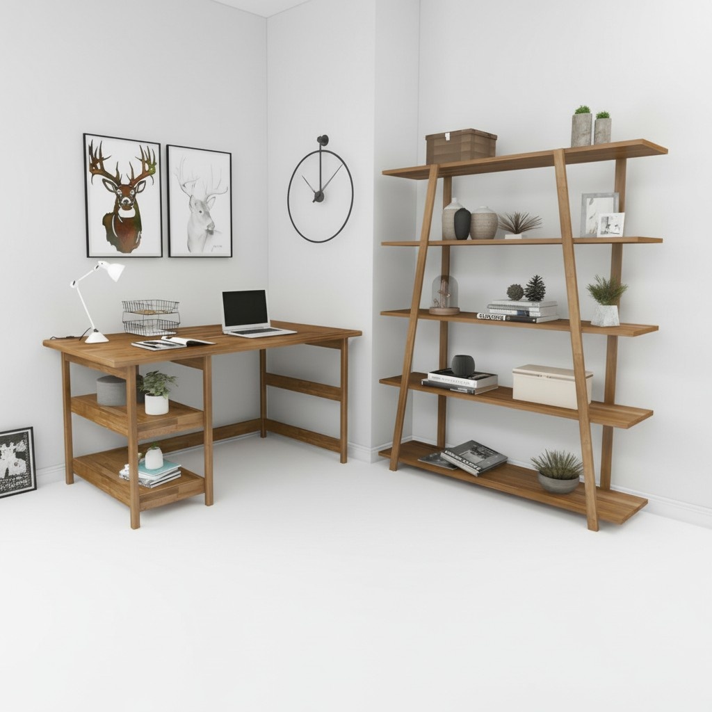 Stilvoller Dunkelbrauner Schreibtisch Designer Holz Bücherregal 2tlg