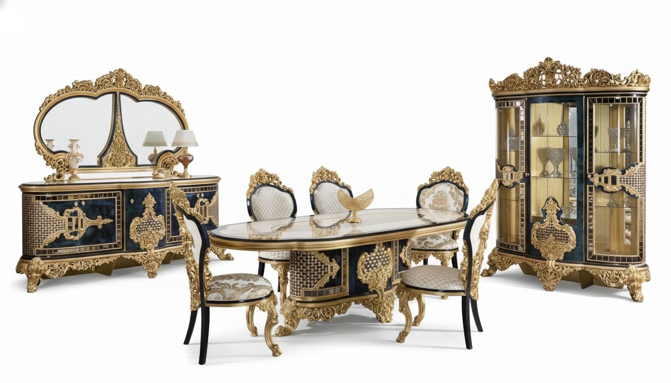 Stilvoller Schwarz-Goldener Esszimmer Set Luxus Garnitur Kommode Esstisch