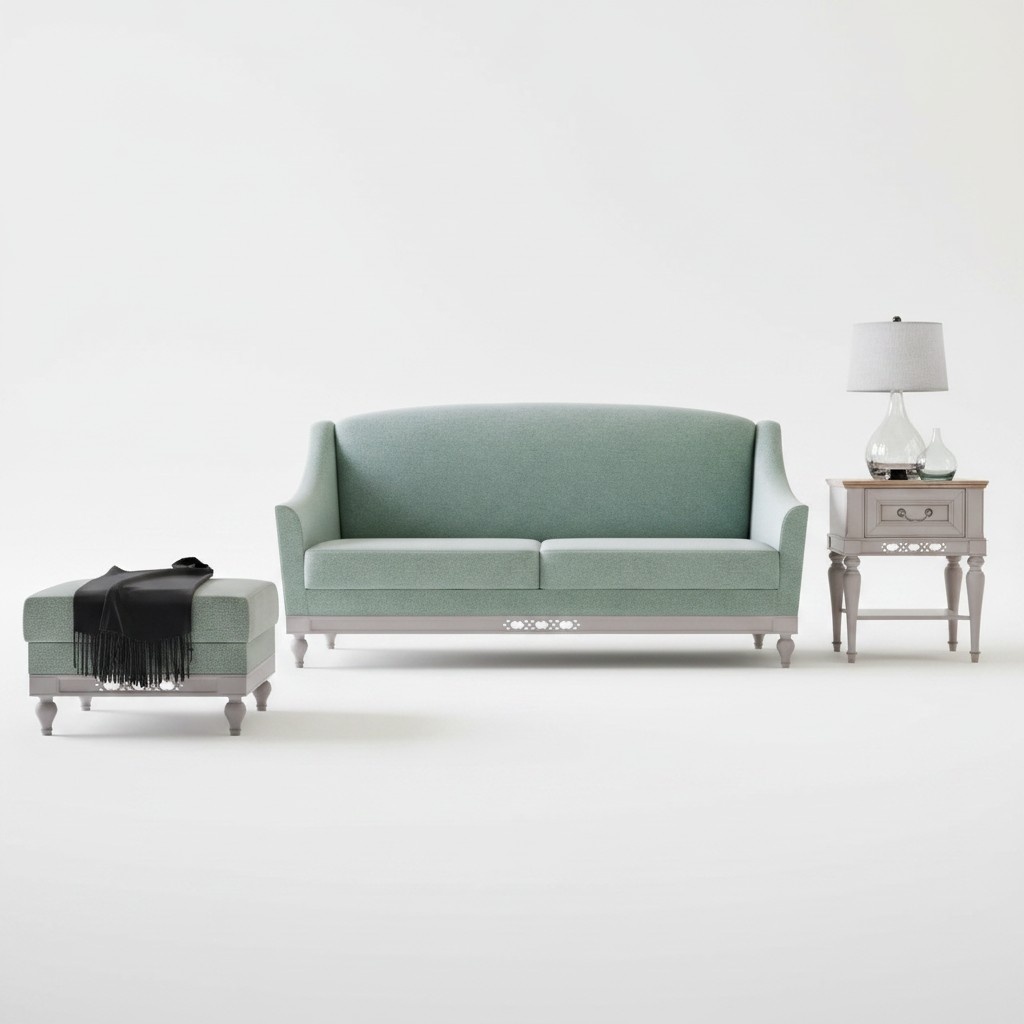 Stilvoller Sofa 3 Sitzer Holzmöbel Beistelltisch Komplett Wohnzimmer Set