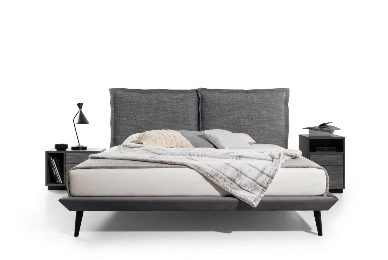 Stilvolles Schlafzimmer Graues Bett 2x Nachttische Luxus Betten 3tlg