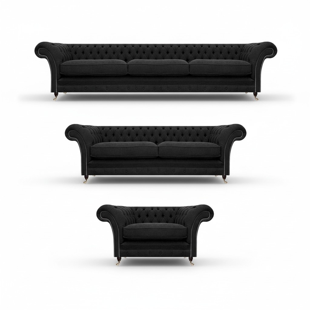 Stoff Textil Polstermöbel Schwarz Sofagarnitur Designer Komplett Chesterfield