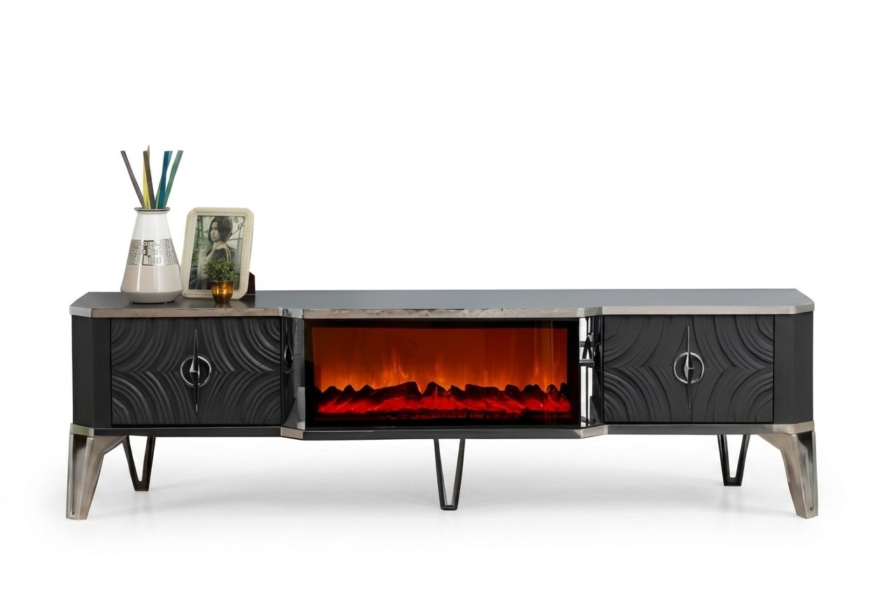 Stylischer grauer TV-Schrank mit Kamin und realistischen Flammen