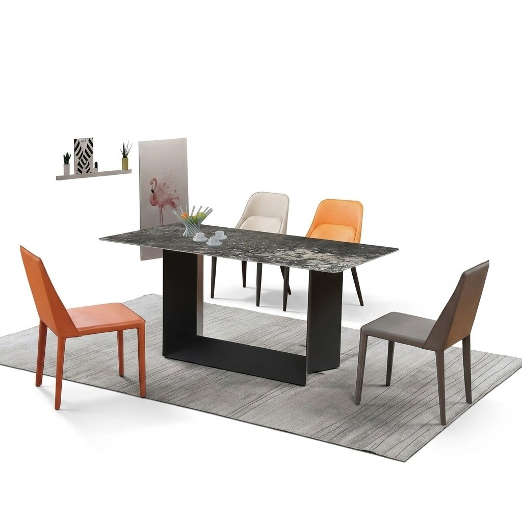 Tisch Esszimmer Garnitur Esstisch Stuhl Set 5tlg. Leder Edelstahl Stühle Gruppe.