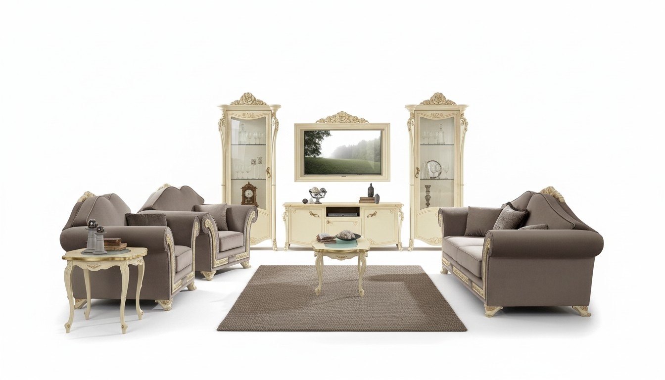 tv Schrank Holz rtv wohnwand Wohnzimmer Klassische Design Set 2tlg. Beige Neu