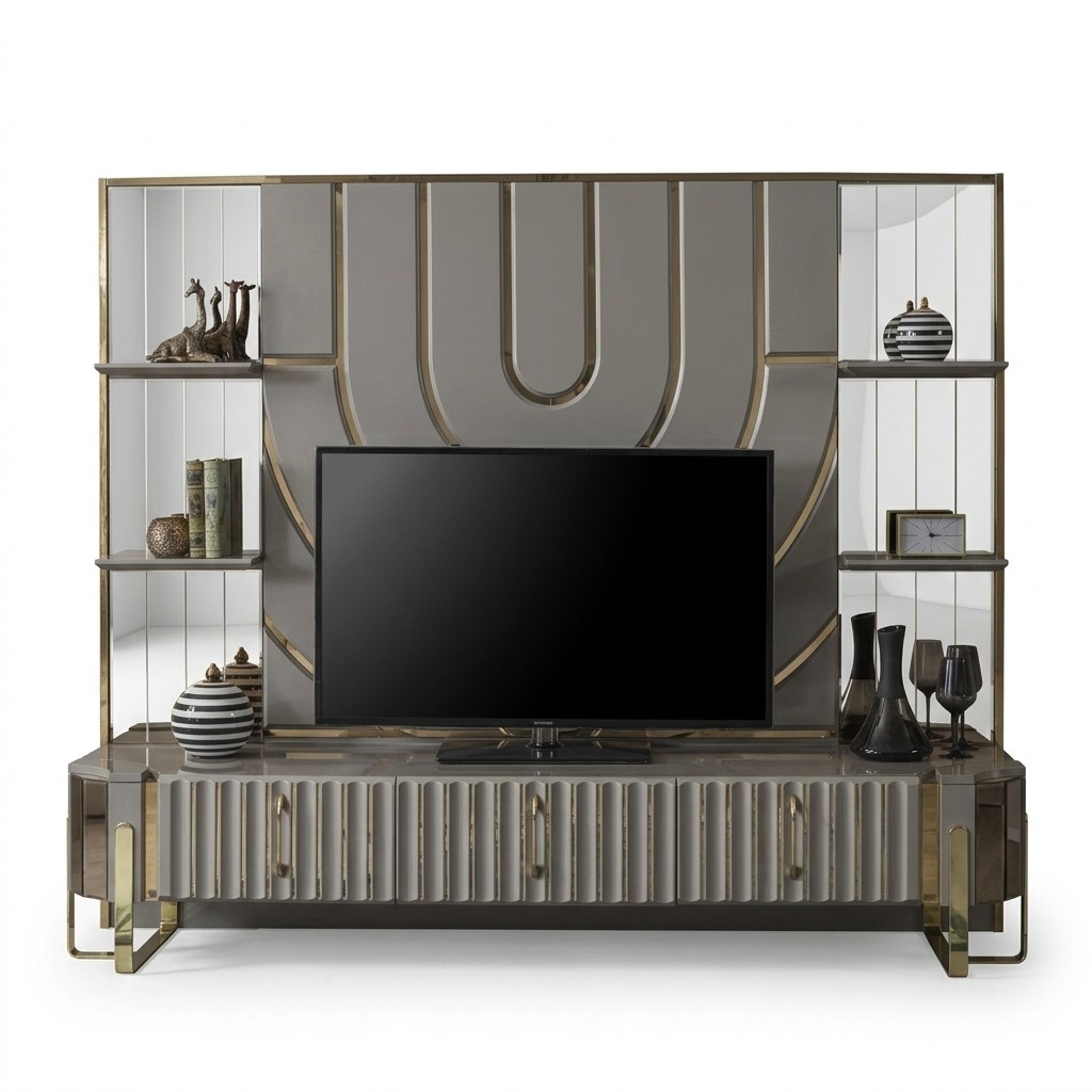 TV Ständer RTV Lowboard Sideboard Wohnzimmer Gold Grau Luxus Holz Neu